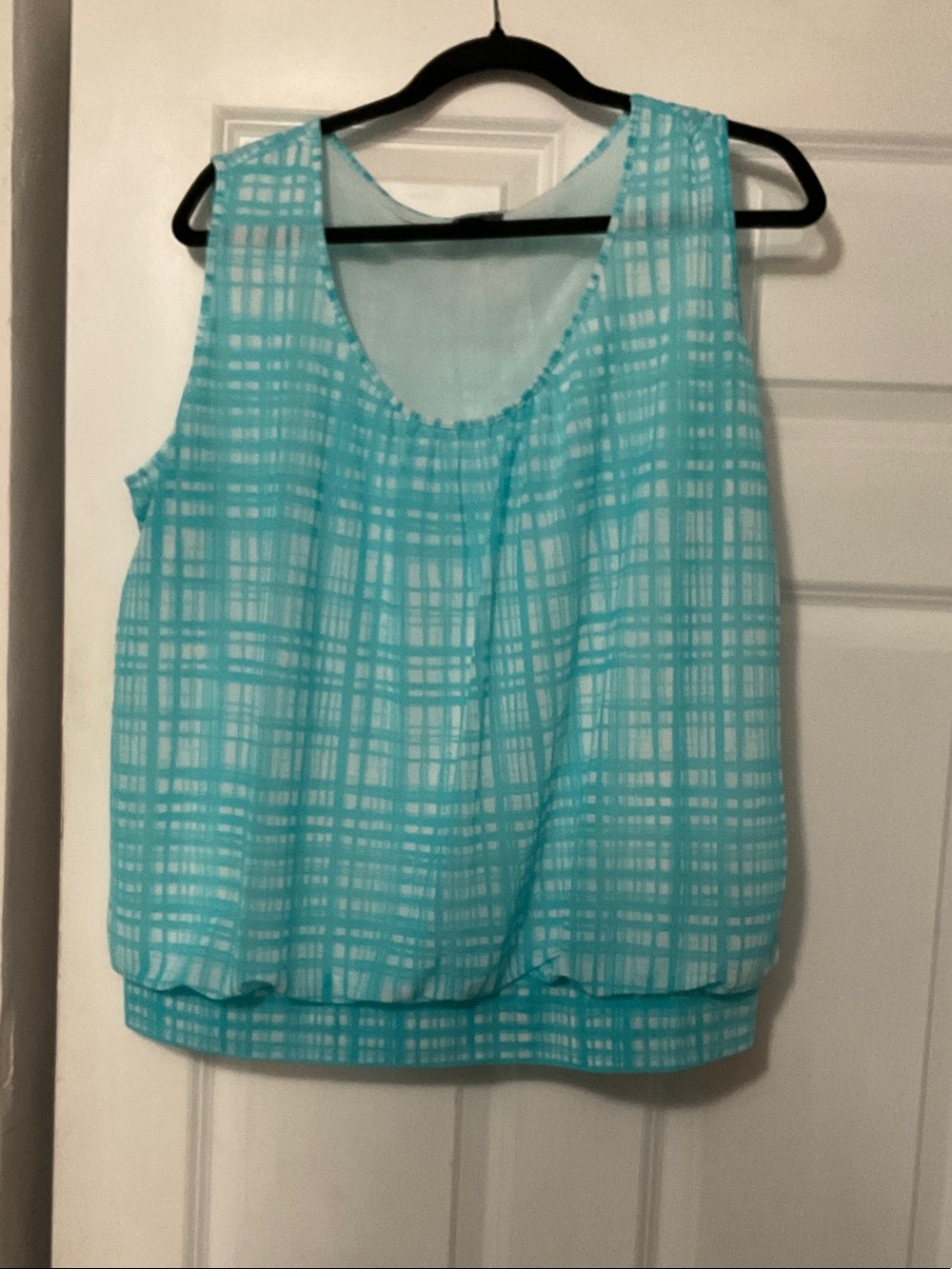 Sleeveless Teal Plaid Scoop Neck Women's Tank Top